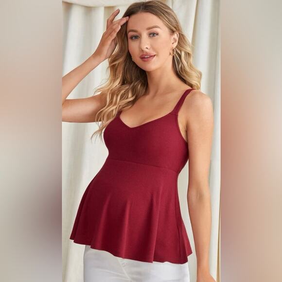 Shein Maternity Peplum Tank TOP Burgundy Causal stretch ruffle rib knit MEDIUM - Picture 2 of 8